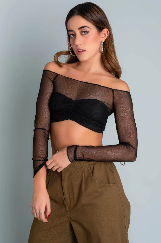 Crop top de mesh manga larga escote plisado Front Pockets Side Pockets Patch Pockets