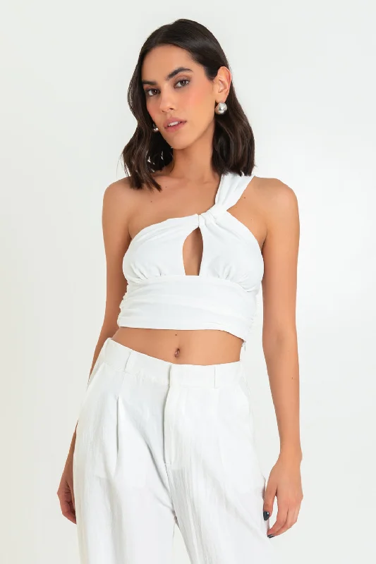 Crop top asimétrico con cut out tirante plisado Collared Crew Neck Turtle Neck