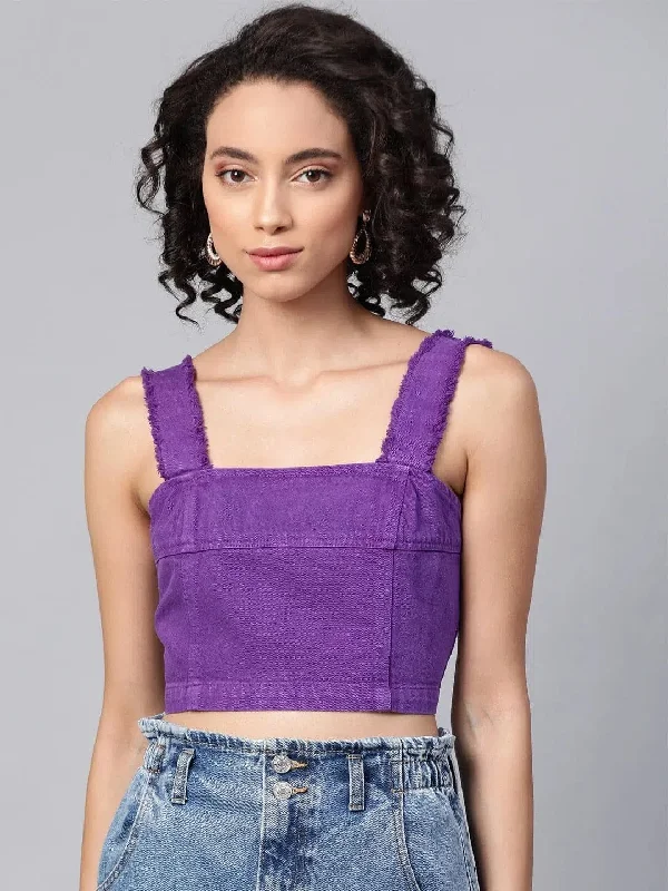 Purple Frayed Straps Bustier Crop Top Wool Fabric Cashmere Fabric Tweed Fabric