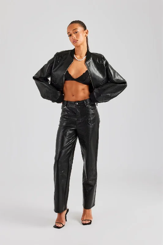 Embossed Cross PU Bomber & Straight Leg Trouser Set - Black Trousers Bestseller Popular