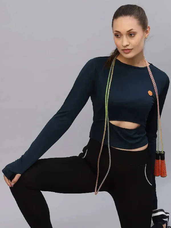 Rigo Blue Cut-Out Waist Round Neck Full Sleeve Activewear Crop Top Iron Safe Non-Iron Wrinkle Free