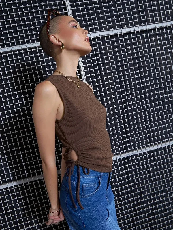 Women Brown Rib Side Ruched Crop Top Fashionable Trendy Casual