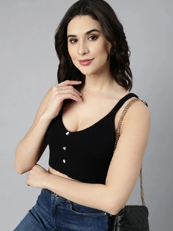 Women Solid Bralette Black Crop Top-7803-Black Ribbed Striped Patterned