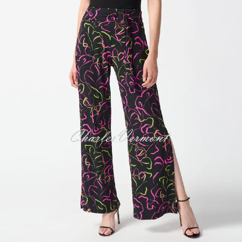 Joseph Ribkoff Leaf Print Wide-Leg Trouser - Style 242221 High Waist Slim Fit Ankle Length