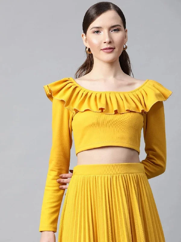 Mustard Frilly Neck Rib Crop Top Anti-Shrink Durable Soft