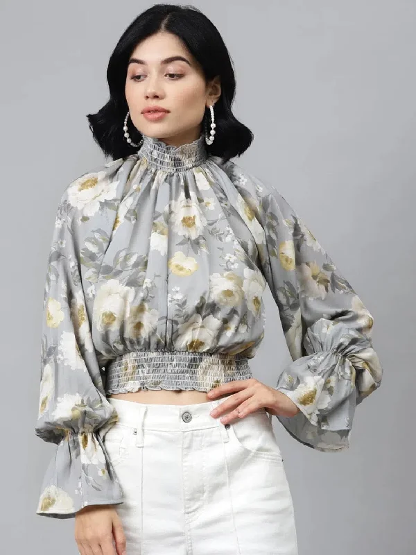 Grey Floral Smocking Detail Crop Top Cozy Warm Stylish