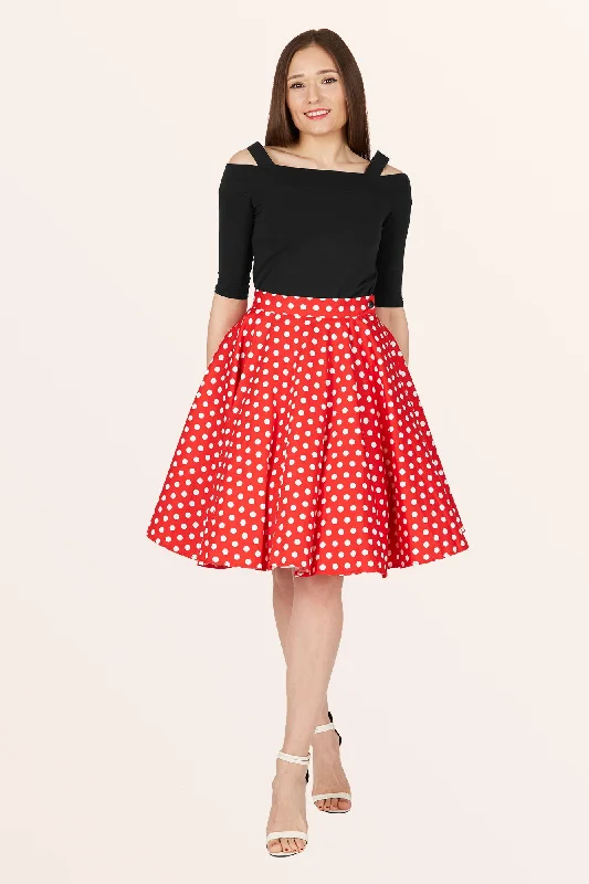 Vintage Polka Dot Swing Skirt - Red floral skirt print