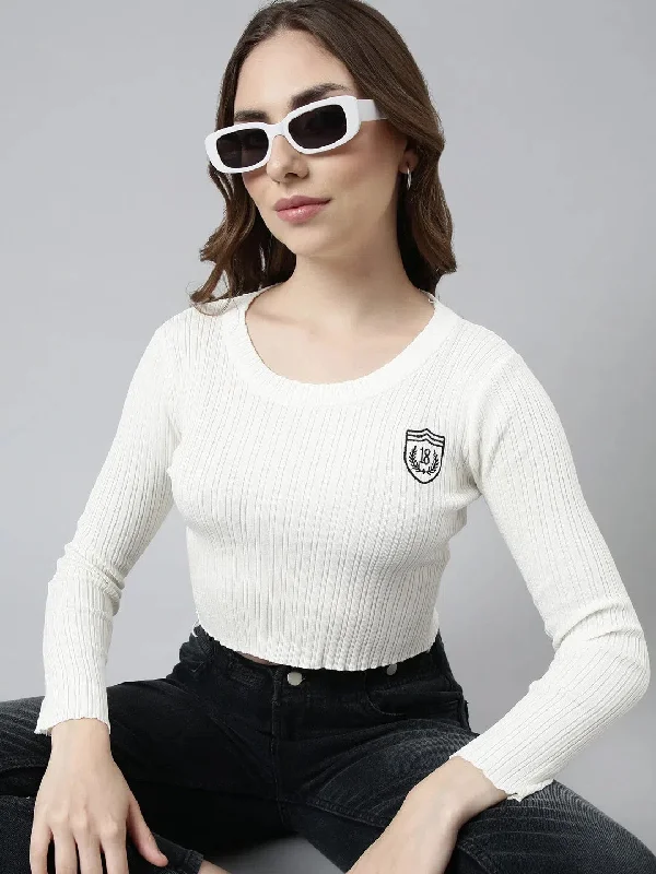 Women Off White Solid Fitted Crop Top-RF-650-Offwhite Chenille Blend Fleece Blend Nylon Blend