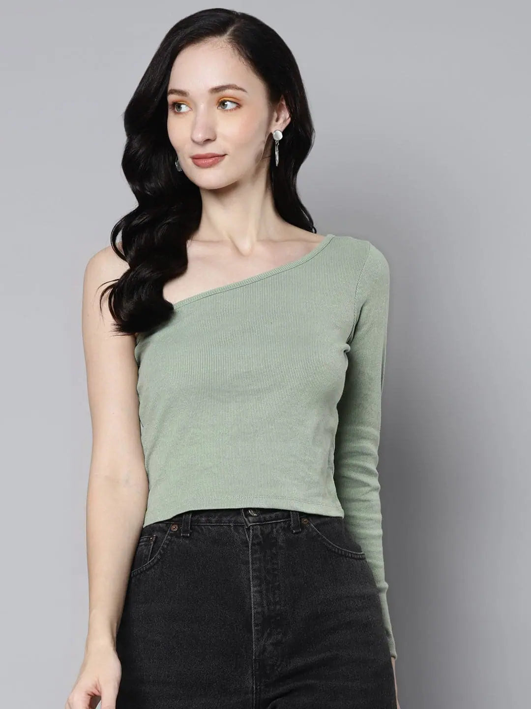 Women Olive Rib One Shoulder Crop Top Zippered Front Buttoned Front Snap Front