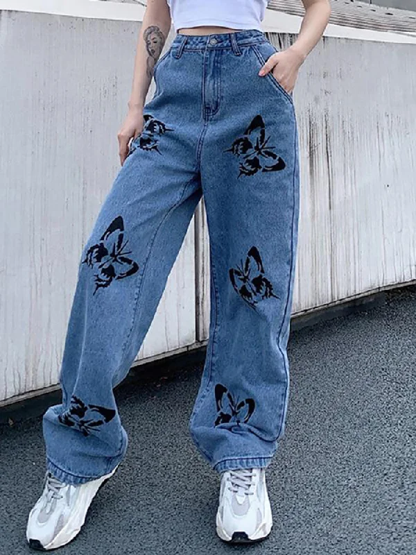 Wide Leg Jeans 2021 New Summer Butter Fly Jeans Woman Long Trousers Trousers fashionable chic