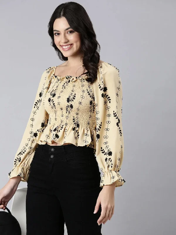 Women Floral Peplum Beige Crop Top-680-Beige Embroidered Appliqued Beaded