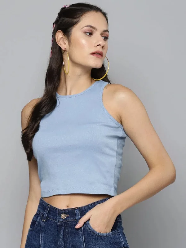 Blue Box Back Crop Top Chenille Blend Fleece Blend Nylon Blend