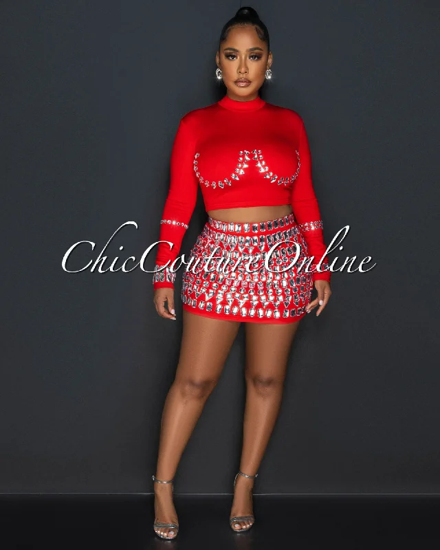 Birka Red Rhinestones Crop Top & Mini Skirt Set Fashionable Trendy Casual