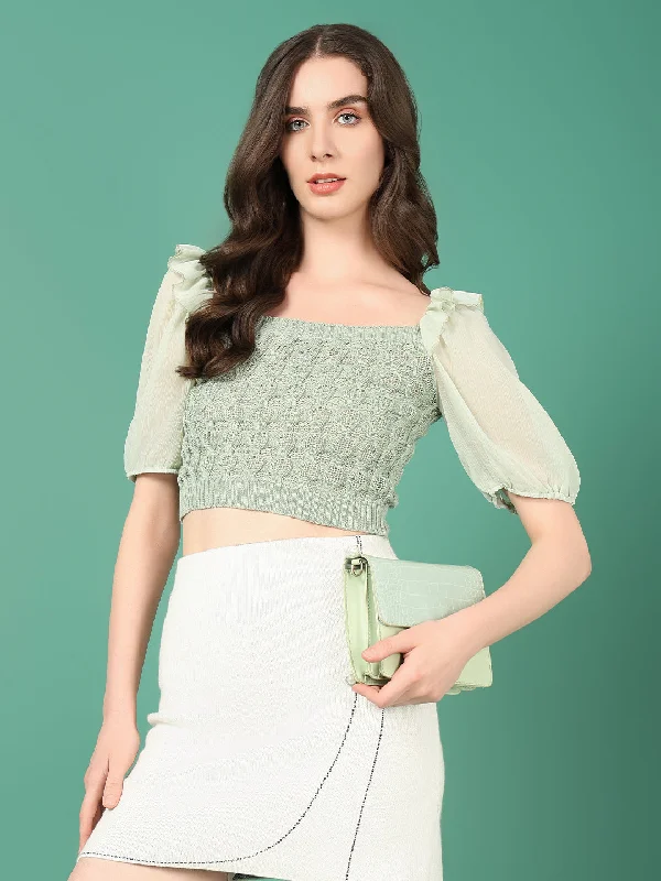 Women Sea Green Solid Crochet Crop Top-OC-8666-2-Seagreen Anti-Pilling Machine Wash Handmade