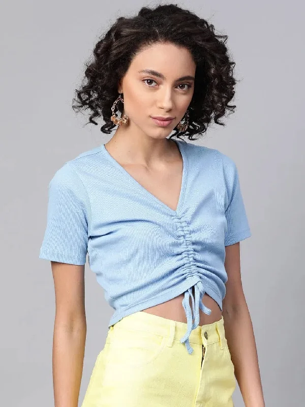 Blue Rouched Crop Top Summer Crop Top Casual Short Sleeve