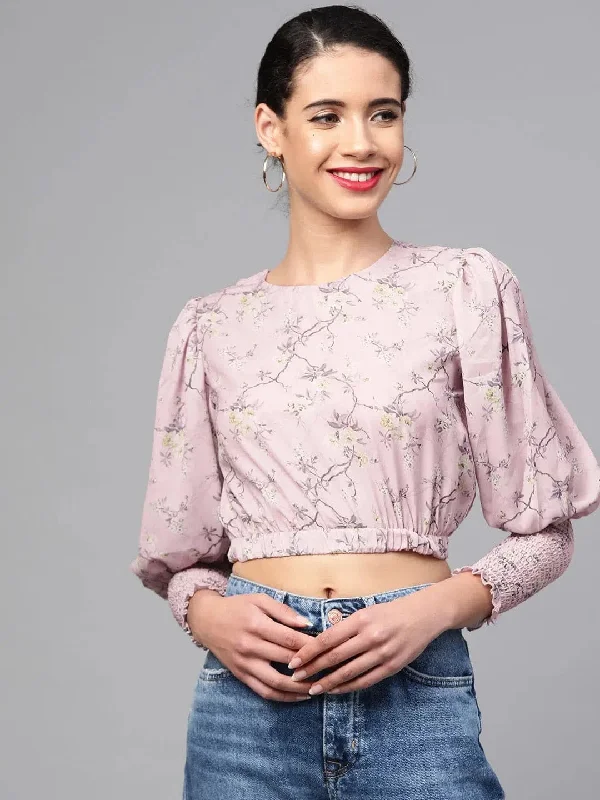 Lilac Floral Smocking Sleeve Crop Top Chenille Brocade Lace