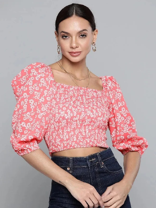 Women Pink Floral Smocking Crop Top Satin Blend Silk Blend Wool Blend