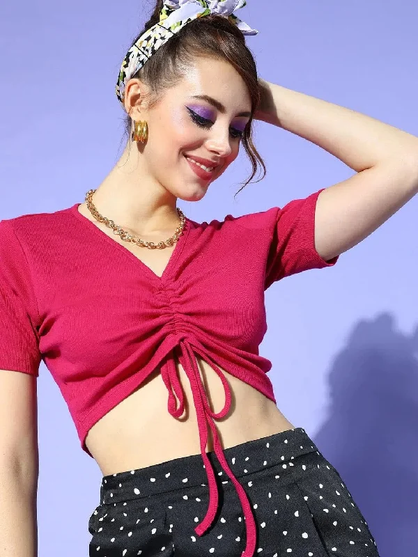 Women Fuchsia Ruched Crop Top Cashmere Blend Cotton Blend Poly Blend