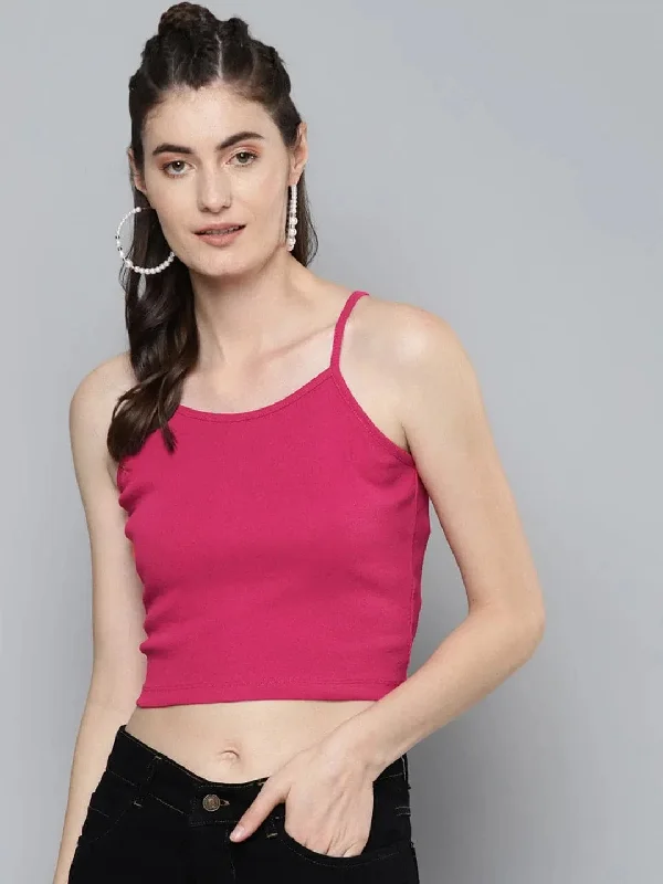 Fuchsia Strappy Box Back Crop Top Terry Blend Velvet Blend Canvas Blend