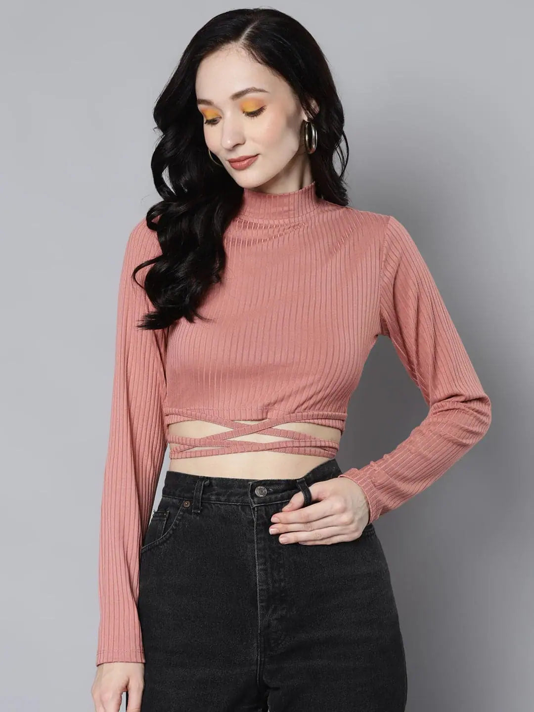 Women Baked Pink Rib Waist Tie Crop Top Cashmere Blend Cotton Blend Poly Blend