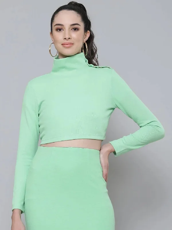 Mint Green Rib Turtle Buttoned Neck Crop Top Graphic Embroidered Appliqued