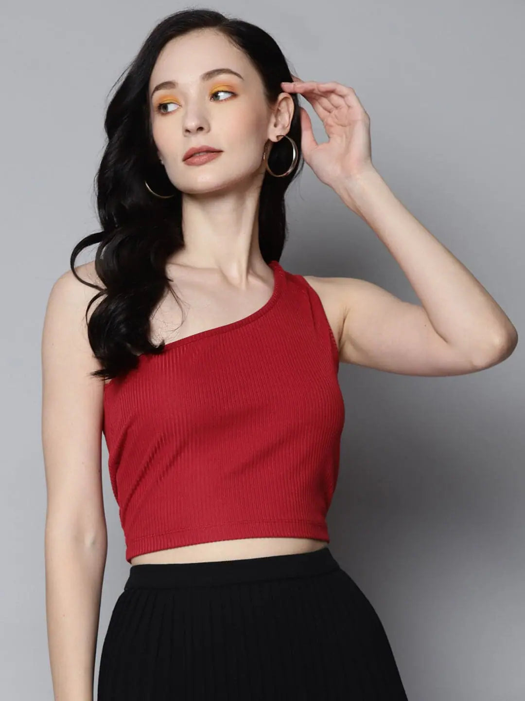 Women Red Rib One Shoulder Crop Top Satin Fabric Silk Fabric Chiffon Fabric