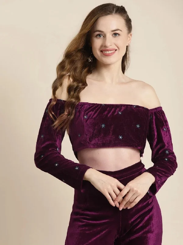 Purple Off Shoulder Velvet Embroidered Crop Top Fleece Nylon Spandex