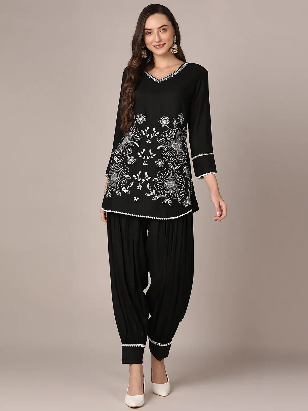 Ahika Women Black Viscose Rayon Solid Thread Work Tunic with Trousers Trousers Recommended Stylist