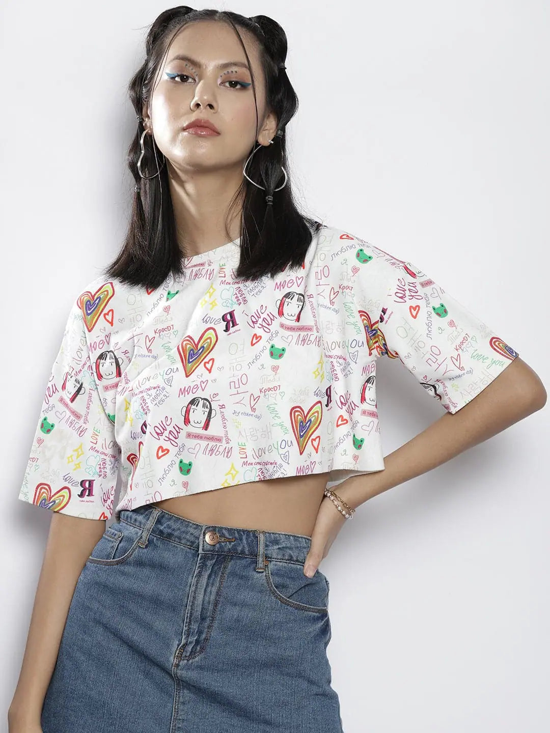 Women White Text Print Boxy Crop Top Satin Fabric Silk Fabric Chiffon Fabric