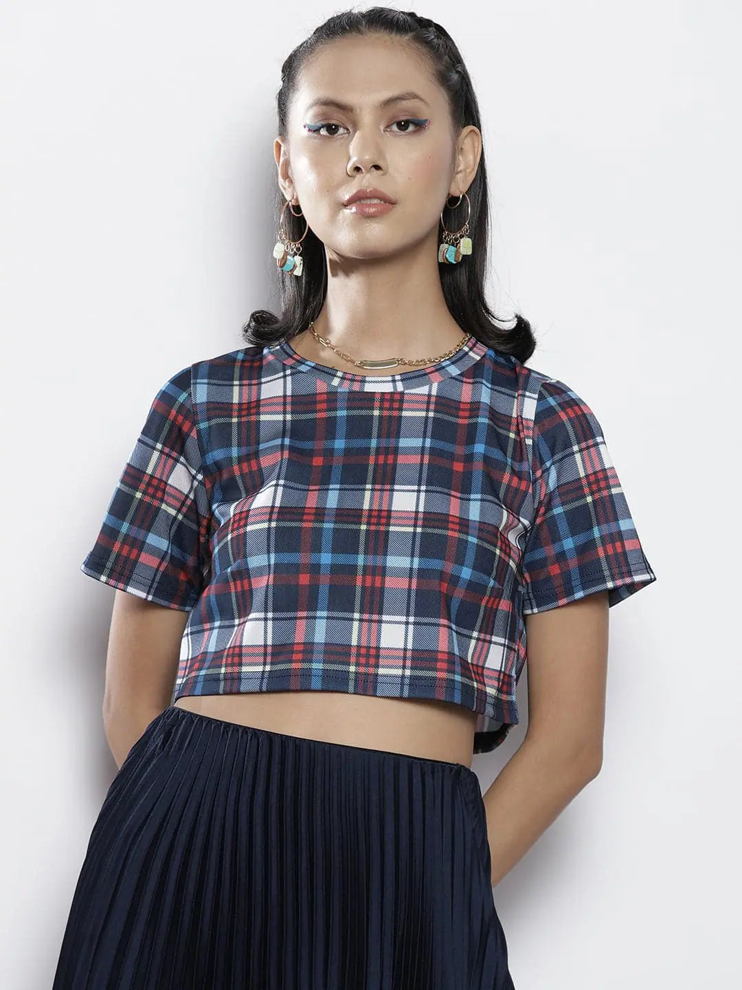 Women Blue Check Knit Crop Top Print Jacquard Patchwork