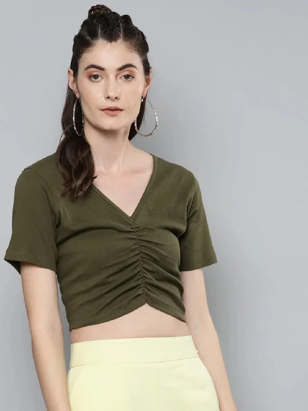 Olive Gathe Detail Crop Top Polka Dot Checkered Tartan