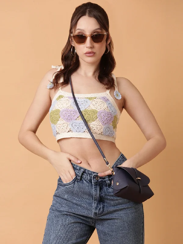 Women Blue Solid Crochet Crop Top-TG-027-Blue Elasticated Padded Insulated