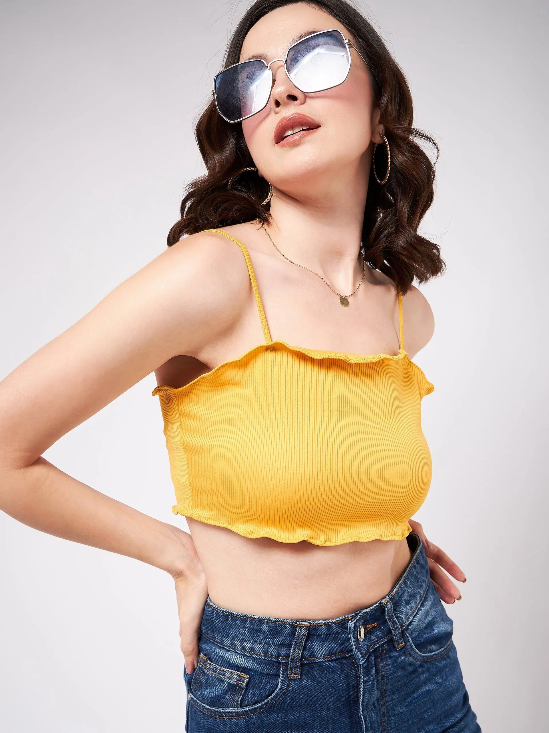 Solid Strappy Basic Rib Crop Top-ZL6210YLW-XS Front Pockets Side Pockets Patch Pockets