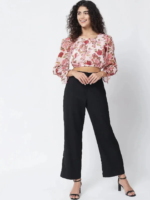 Pink Floral Crop Top Solid Print Embellished