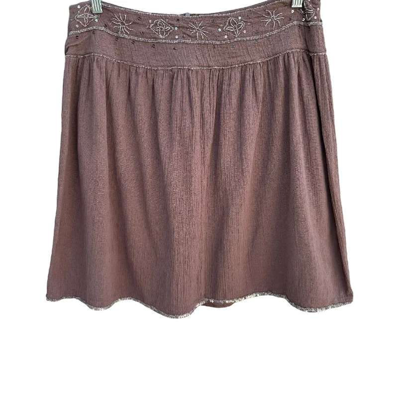 Bohemian Style Brown Embroidered Sequin Crinkled Cotton Drop Waist Mini Skirt linen skirt light