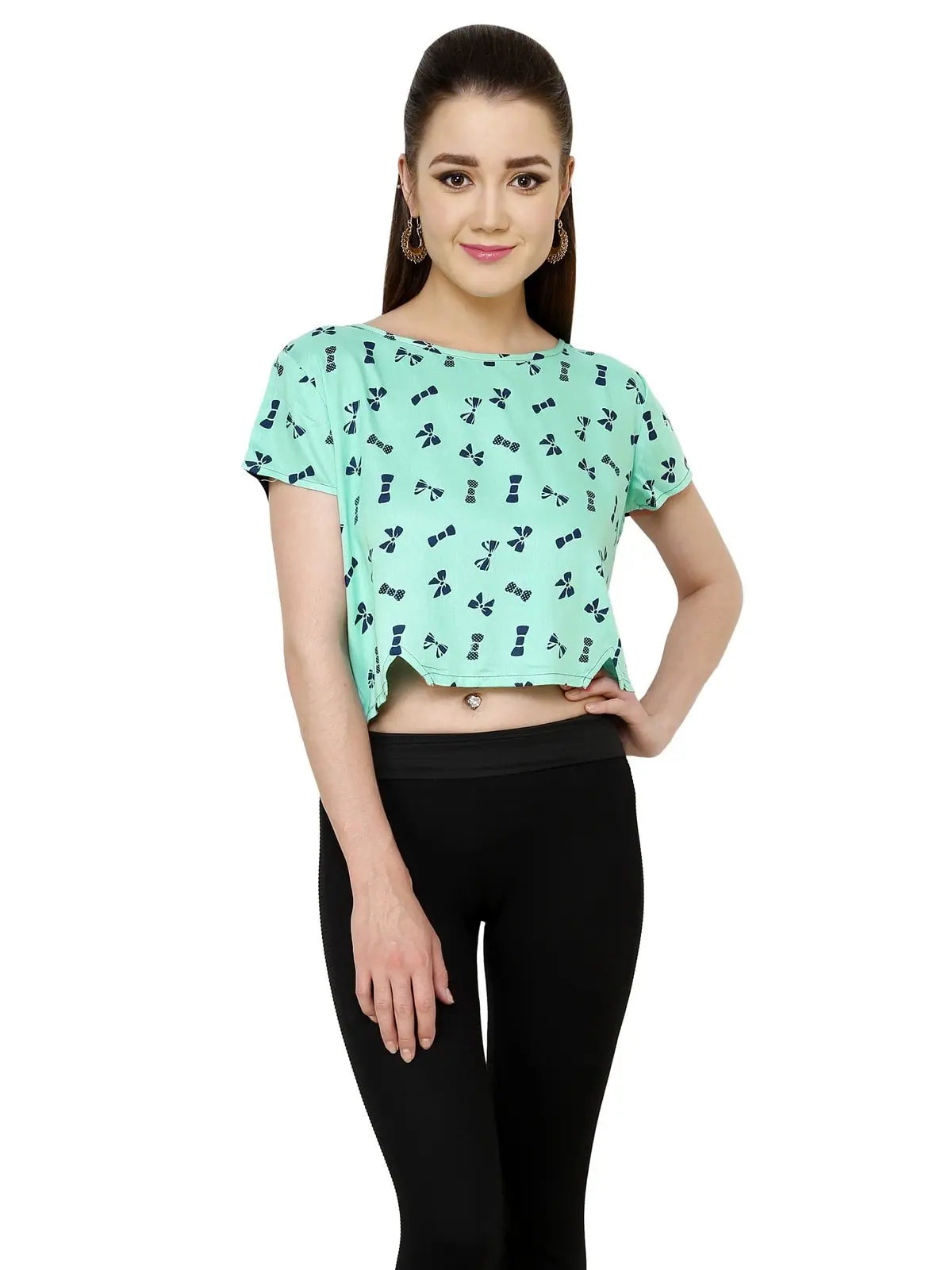 Pannkh Women's Green Bow Crop Top Casual Formal Business