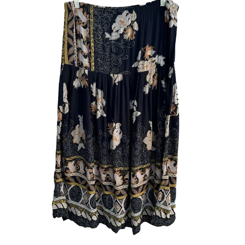 Vintage Women's Black Floral Print Boho Drop Waist Pleated Full Midi Skirt -M silk skirt lustrous