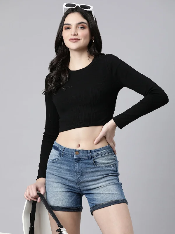 Women Solid Black Styled Back Crop Top-952-Black Chenille Fabric Brocade Fabric Lace Fabric