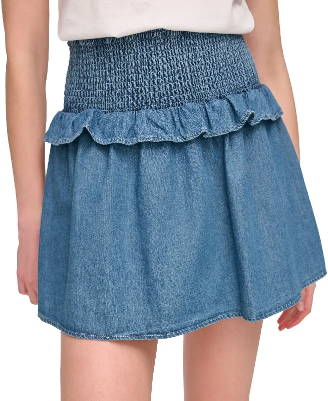 Women's Cotton Smocked Ruffled Denim Skirt button skirt front