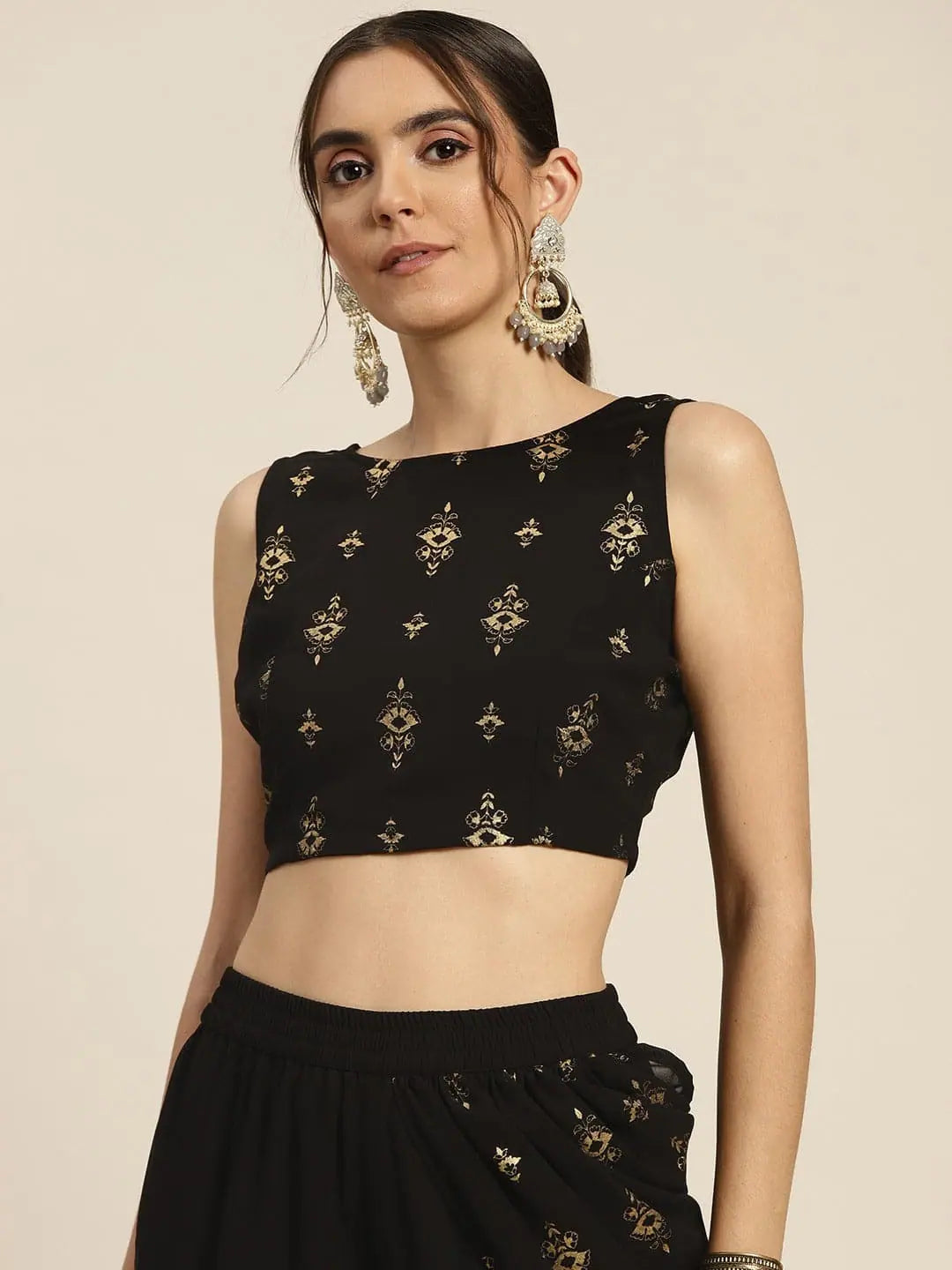 Women Black Foil Print Back Bow Tie Crop Top Anti-Pilling Machine Wash Handmade