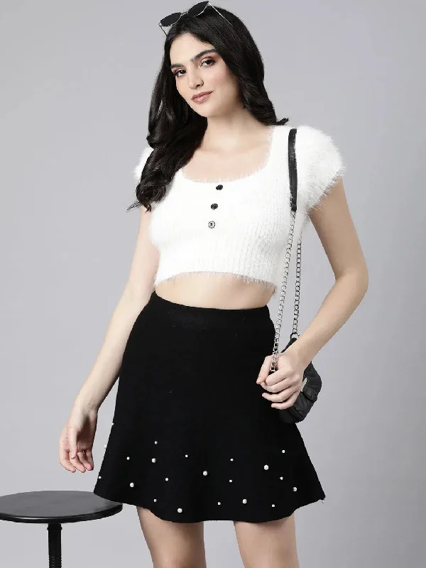 Women Solid Off White Fitted Crop Top-790-Offwhite Jersey Fabric Tulle Fabric Batik Fabric