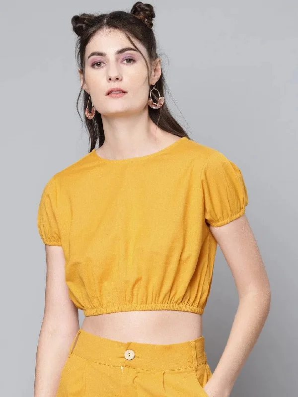 Mustard Cotton Linen Crop Top Striped Floral Plaid