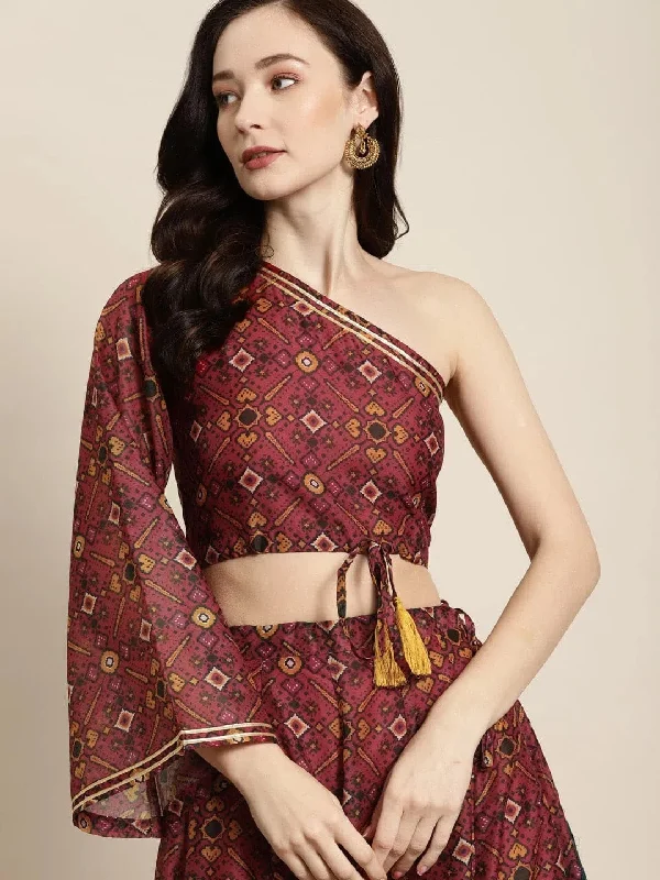 Women Maroon Patola One Shoulder Crop Top Rayon Fabric Velvet Fabric Corduroy Fabric