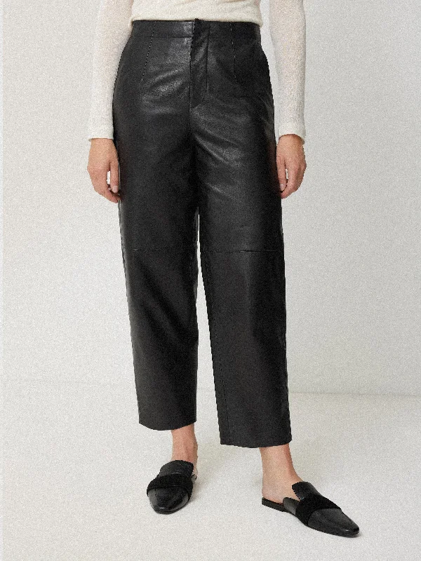 Leather Barrel Leg Trouser | Black Trousers Running Lightweight