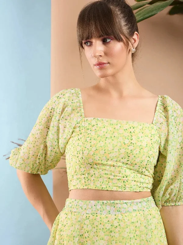 Women Lime Yellow Ditsy Floral Puff Sleeves Crop Top Fleece Nylon Spandex