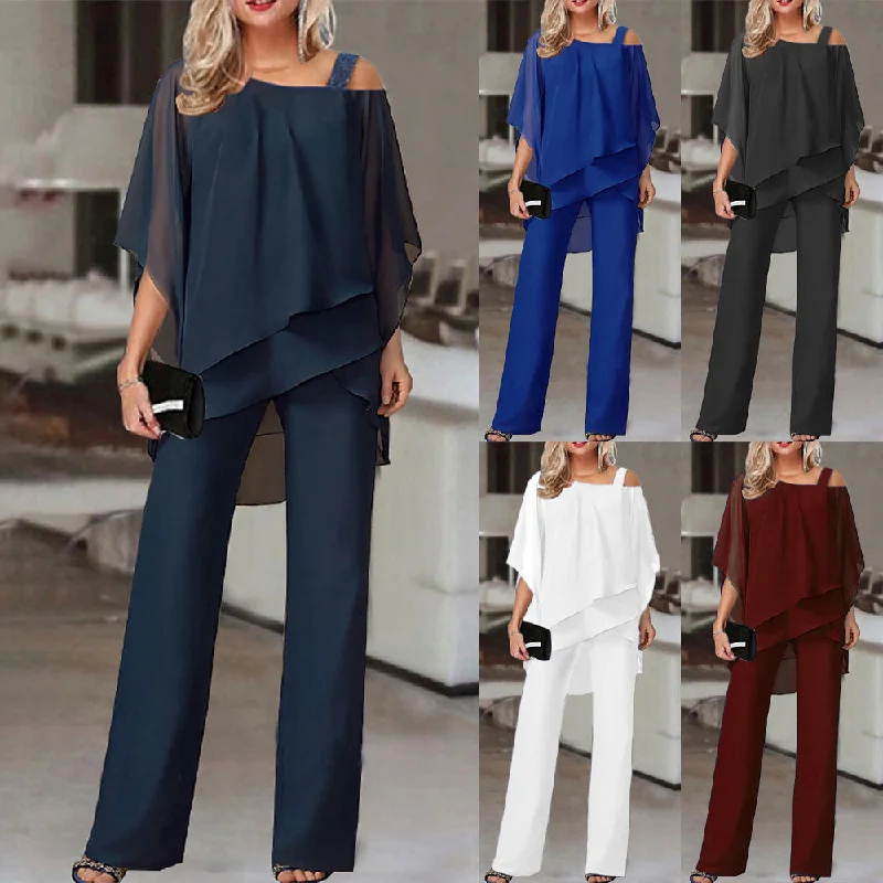 Batwing Sleeve Top and Trousers Women's Casual Strapless Irregular Party Suit Elegant Two-Piece Set  Spring, Summer, Autumn 66 Trousers Gym Athletic