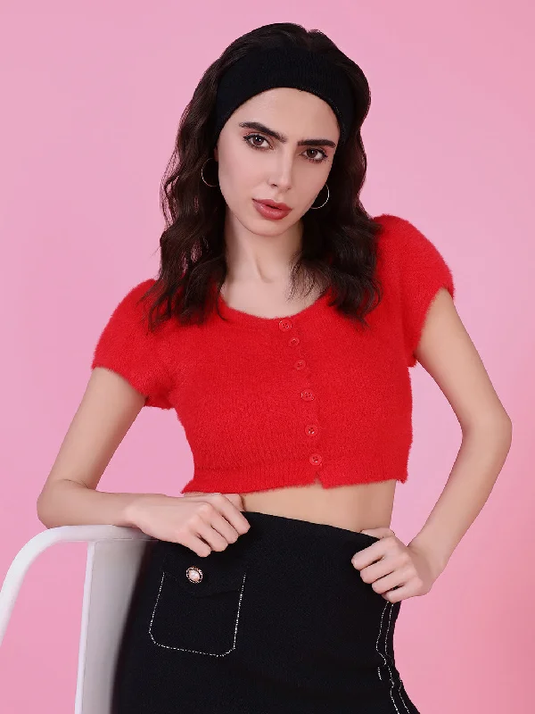 Women Red Solid Crop Top-OC-9323-Red Wool Fabric Cashmere Fabric Tweed Fabric