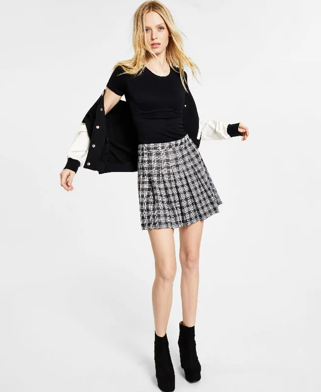 Juniors' Plaid Pleated Skirt satin skirt smooth