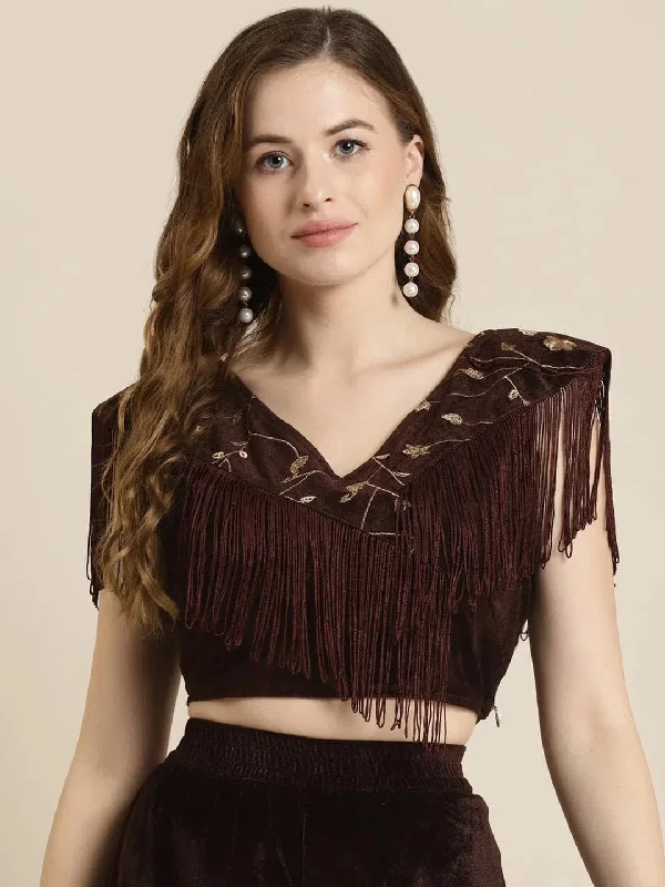 Brown Embroidered Fringe Lace Velvet Crop Top Mesh Canvas Denim