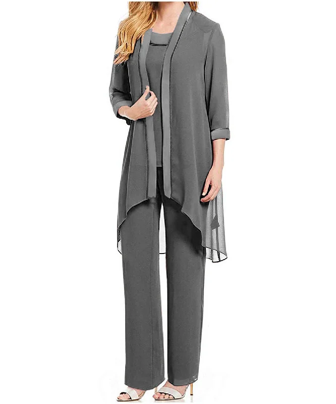 Draped Grey Chiffon 3/4 Sleeves Mother of Bride Dressy Pants Suit 3PCS Outfit for Mother of Groom High-Waisted Pants,